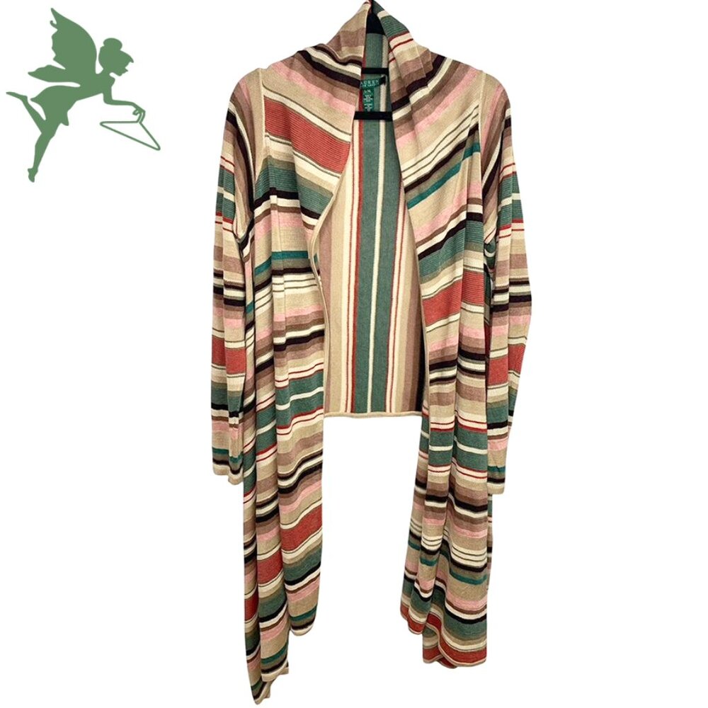 RALPH LAUREN Southwestern Striped Saltillo Linen Blend Asymmetrical Cardigan